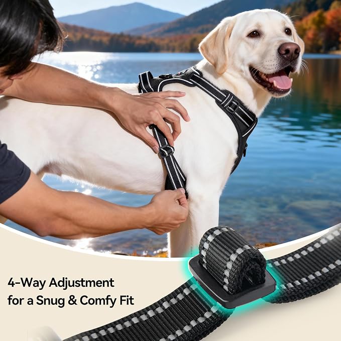 PHOEPET Reflective Dog Harness No Pull Large Breed Vest with 2 Metal Leash Attachment Hooks(XL, Black)