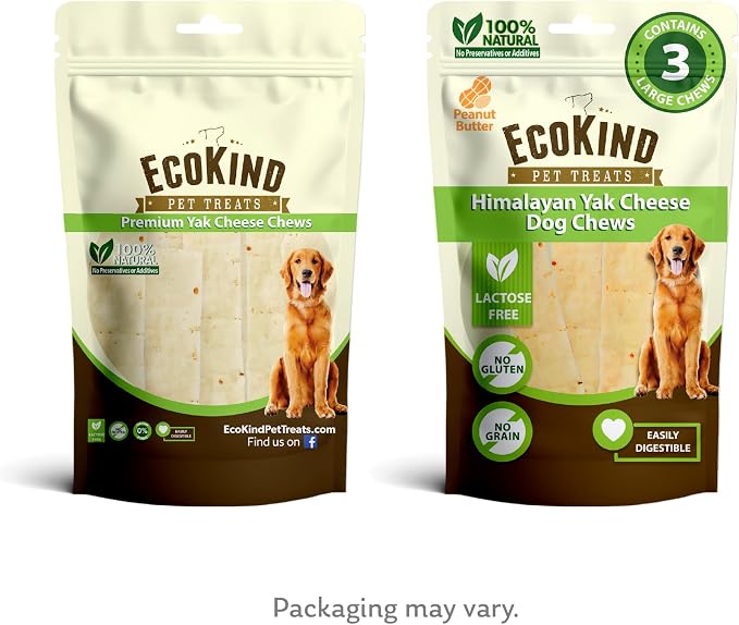 EcoKind Yak Cheese Himalayan Dog Chews, Yak Chews for Large Dogs, Long Lasting Bone for Aggressive Chewers, 4 Ingredients, Natural High Protein Dog Treats, No Additives, Peanut Butter, Large - 3 Chews