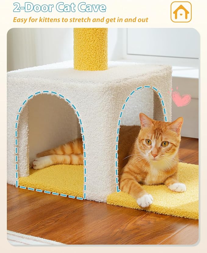 MUTTROS Cute Cat Tree with Flower Top Bed - Cloud Scratching Posts, 35" Small Cat Tower with Large Metal Frame Hammock for Indoor Cats, White Cat Condo for Kittens, Yellow