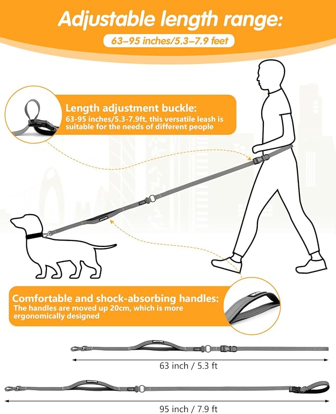 Hands Free Dog Leash & Car Seatbelt, 5.3-7.9ft Crossbody Dog Belt with Dual Soft Handles, Shock-Absorbing, 360° Clip, Reflective Design for Walking, Running, Hiking, Travel. (Gery)