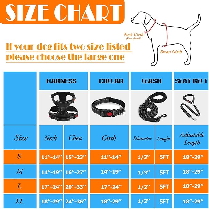LOBEVE No Pull Dog Harness, Collar & Leash Set | Includes Dog Seat Belt, Collapsible Bowls & Poop Bag Dispenser. Ideal for Training, Walking, Hiking. Fits Small to Large Dogs(Black-L)