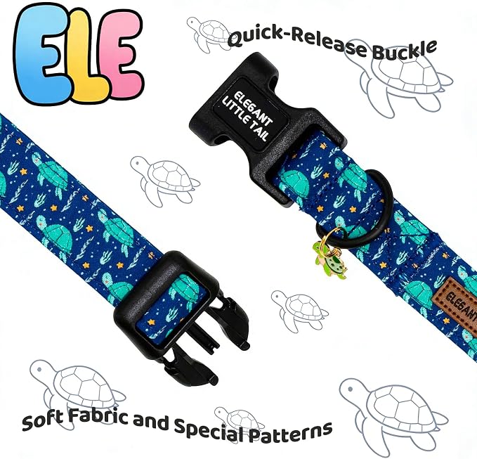 Elegant Little Tail Summer Dog Collar, Blue Turtle Pattern Soft Cotton Pet Collars with Sturdy Quick Release Buckle Male Adjustable Pet Collar for Small Medium Large Dogs