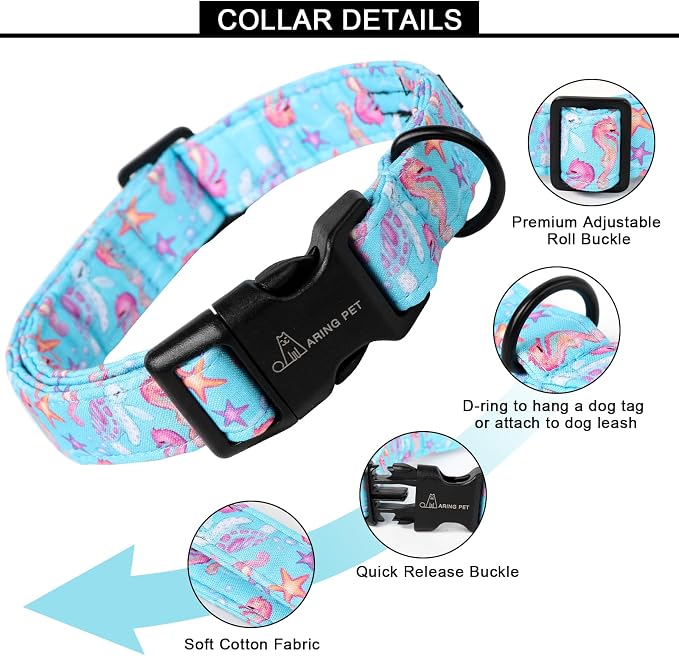ARING PET Summer Dog Collar, Cute Blue Starfish Seahorse Doggy Collars for Puppy Small Medium Large Boy Girl Dogs Pet, for Daily Photos Outdoor Beach Walking Picnic, M
