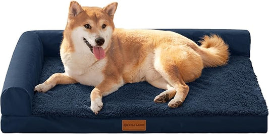 Patas Lague Orthopedic Dog Bed Medium Size Dog 30''X20'', Waterproof L Bolster Medium Pet Sofa Beds with Removable Washable Cover, Soft Pet Couch Crate Mat with Nonskid Bottom, Navy Blue
