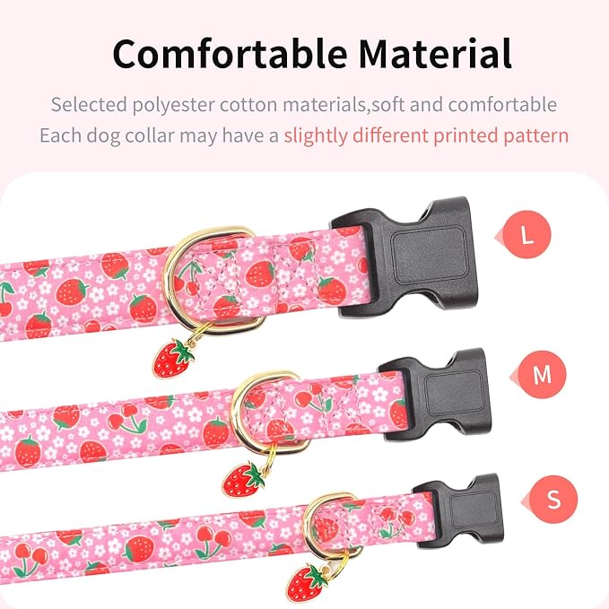 Personalized Dog Collars,Adjustable Puppy Collars with Safety Buckle for Small Medium Large Dogs,Cute and Unique Pink Cherry Pattern Pet Collar for Boy Girl Dogs. (Pink Strawberry, S)