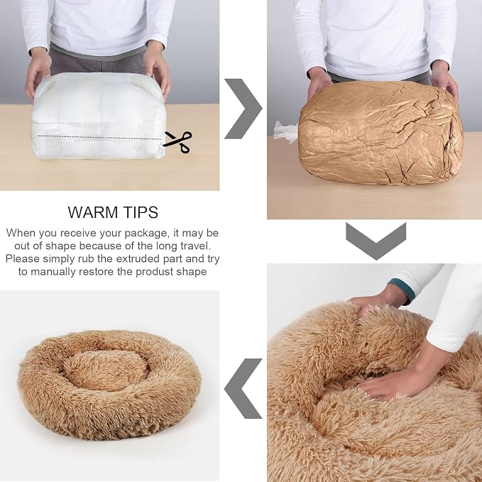 Dog Bed, Cat Calming Bed, Faux Fur Pillow Pet Donut Cuddler Round Plush Bed for Large Medium Small Dogs and Cats (Camel, 44.0" L x 44.0" W x 7.0" Th)