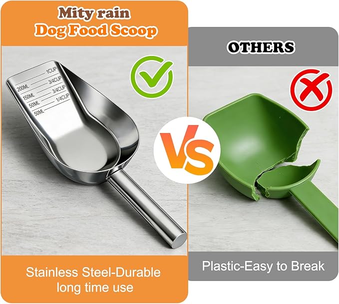 Mity rain 2PCS Dog Food Scoop Stainless Steel with Long Handle, Precise Dog Food Measuring Cup 1, 3/4, 1/2, 1/4 Cup, Pet Scoop for Cats, Rabbits, Animals, Metal Spoon for Dog Food Storage (2 CUP)
