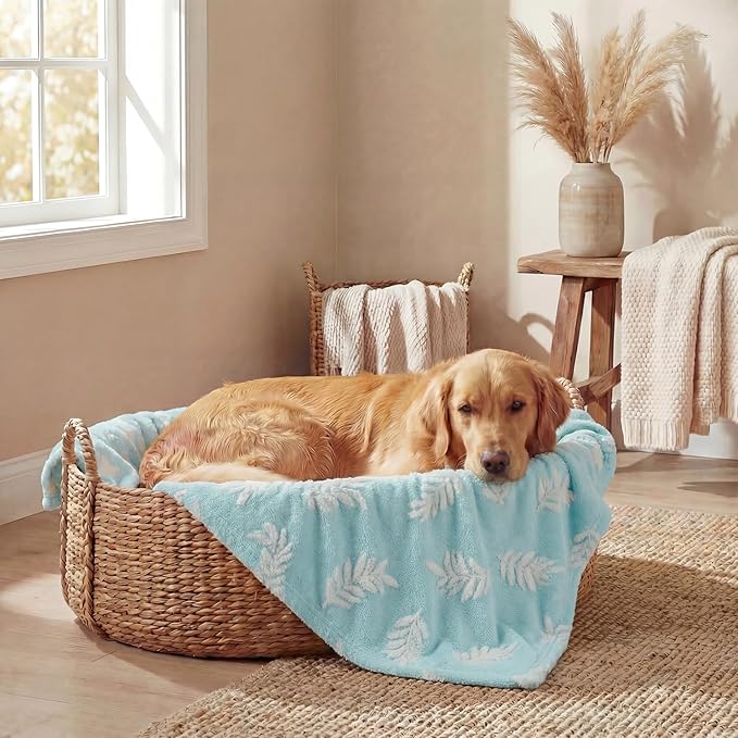 Horaldaily Pets Flannel Blanket, Blue Leaves 3D Textured Soft Fuzzy Fluffy Plush Cozy Fleece Premium Blankets for Dog Cat Puppy Kitten Couch Protection, 16x23