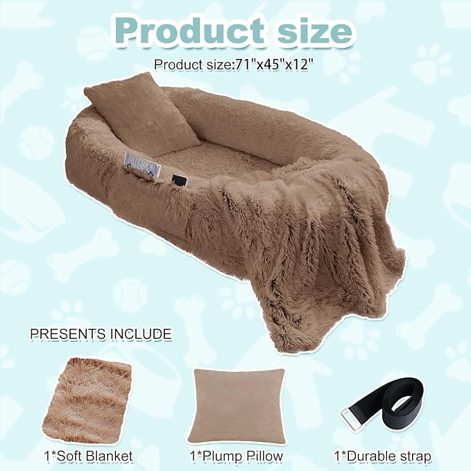 YAEM Human Dog Bed for Adult and Pets - 71"x45"x12" Dogs Beds for Humans with Washable Faux Fur Cover, Plump Pillow, Blanket, Orthopedic Design, Strap-Khaki