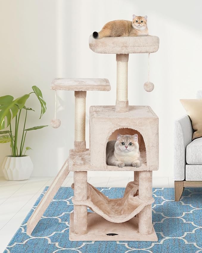 Cute Cat Tree Tower for Indoor Cat Tower with Scratching Post Modern Activity House Hammock Hanging Ball Condo with Board Beige