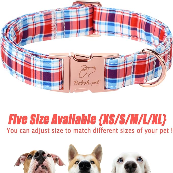 Adjustable Plaid Boy Dog Collar - Classic Boy Dog Plaid Collars for Large Dogs, Durable Red White Blue Heavy Duty Metal Buckle Pet Collar L