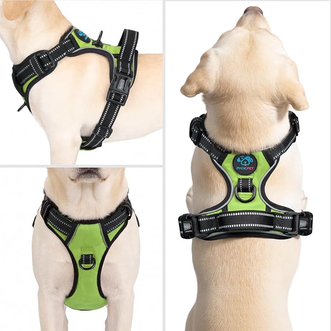 PHOEPET No Pull Dog Harnesses for Small Puppies Reflective Adjustable Front Clip Vest with 2 Metal Leash Attachment Hooks Soft Handle(S, Green)