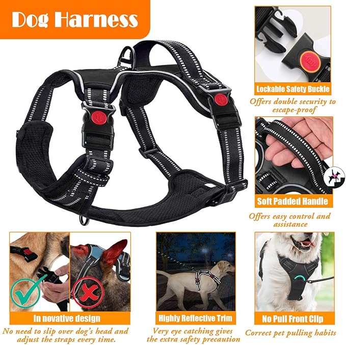 LOBEVE No Pull Dog Harness, Collar & Leash Set | Includes Dog Seat Belt, Collapsible Bowls & Poop Bag Dispenser. Ideal for Training, Walking, Hiking. Fits Small to Large Dogs(Black-M)