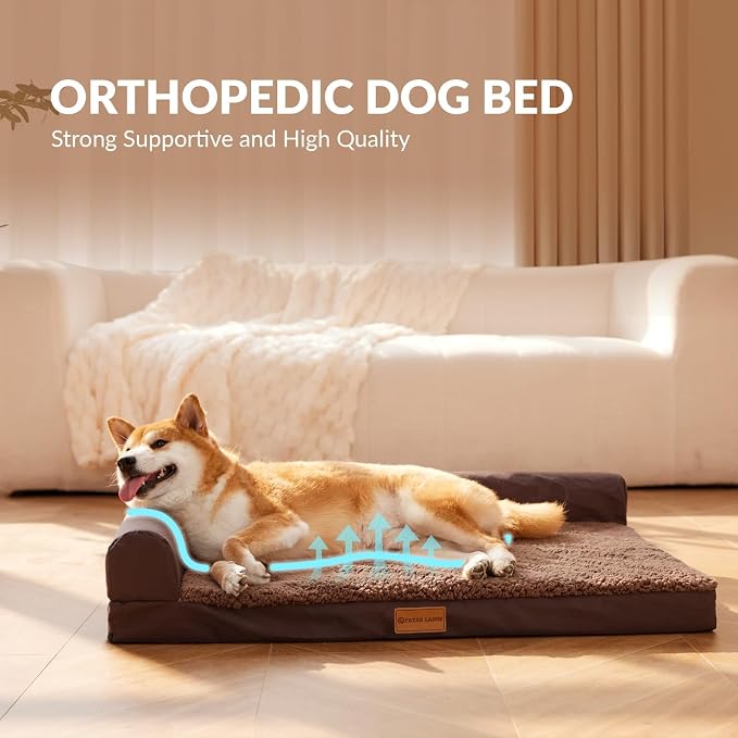 Patas Lague Orthopedic XL Dog Bed Large Sized Dog 48''X30'', Waterproof L Bolster Big Large Pet Sofa Beds with Removable Washable Cover, Soft Pet Couch Crate Mat with Nonskid Bottom, Brown
