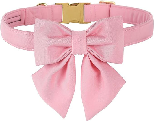 Maca Bates Cherry Pink Dog Collar with Cute Solid Sailor Bow Tie for Small Girl Boy Dogs,Girly Adjustbale Durable Breakaway Soft Collars with Bowtie for Female Male Puppy,Pet with Metal Buckle