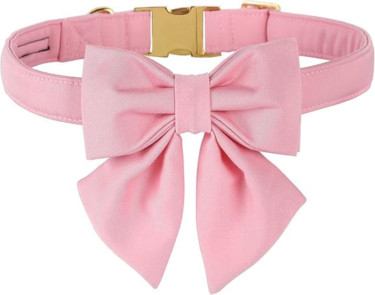 Maca Bates Cherry Pink Dog Collar with Cute Solid Sailor Bow Tie for Extra Large Girl Boy Dogs,Girly Adjustbale Durable Breakaway Soft Collars with Bowtie for Female Male Puppy,Pet with Metal Buckle