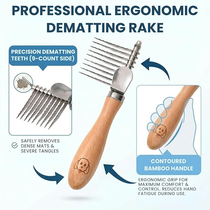 Dog Dematting Brush & Rake, Detangler Brush for Dogs, Comb Tool for Grooming, Best for Doodles, Poodles, Goldendoodles, Cats & Other Pets, Matted Fur Removal On Undercoat [We Love Doodles]