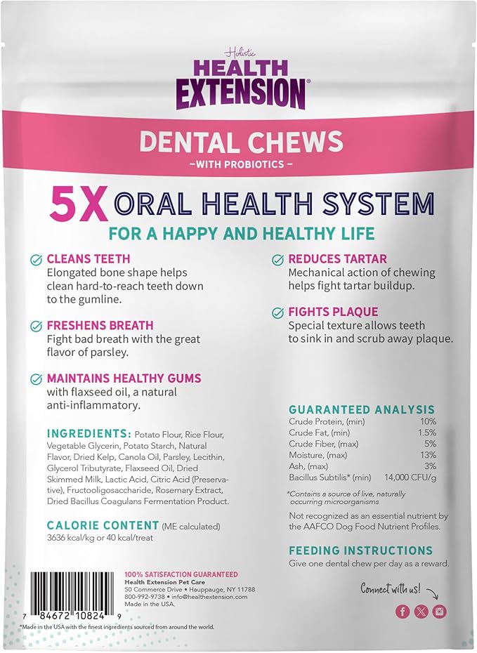 Health Extension Probiotic Dental Bones for Dogs, 8 Medium Bones, Cleans Teeth, Healthy Gums, Freshens Breath, Training or Reward, 6 oz Bag (Pack of 4)