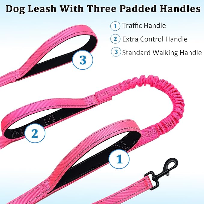 WYuZe 3 Handle Dog Leash for Medium Large Dogs, Bungee Dog Training Leash | 7FT, Reflective, Heavy Duty Nylon, Shock Absorbing, Triple Padded Traffic Handles, No Pull Walking Hiking