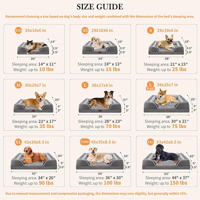 Comfort Expression Orthopedic Dog Bed for Large Dogs 38x25 Inch, Waterproof Supportive Egg Crate Foam Large Pet Bed with Removable Bolsters, Dog Couch with Washable Cover & Non-Slip Bottom, Grey