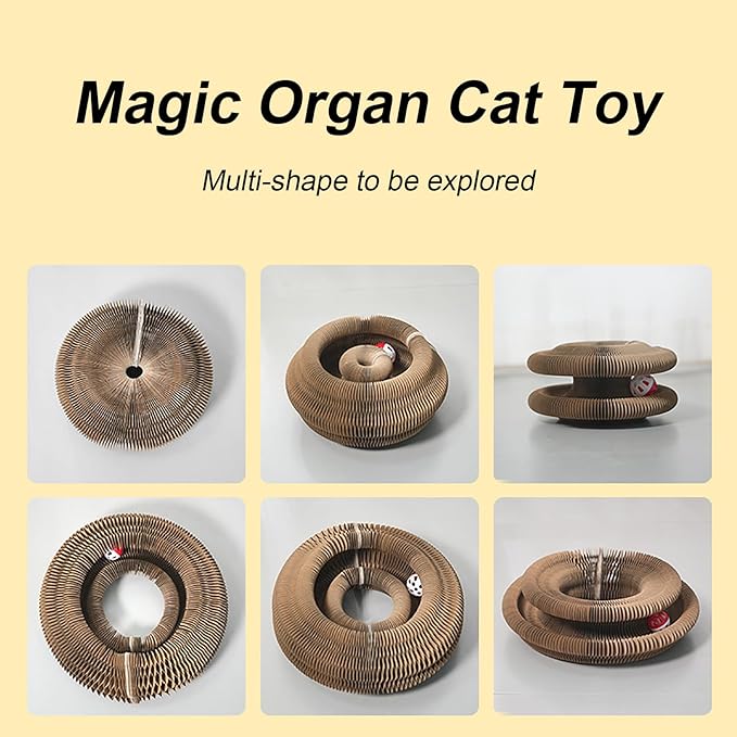 Kitty Curlz Cat Toy, Magic Organ Cat Interactive Scratcher Cardboard with Bell Ball, Foldable & Changeable Accordion Shape Exercise Anxiety Relief Toy for Indoor Cats(2PCS)