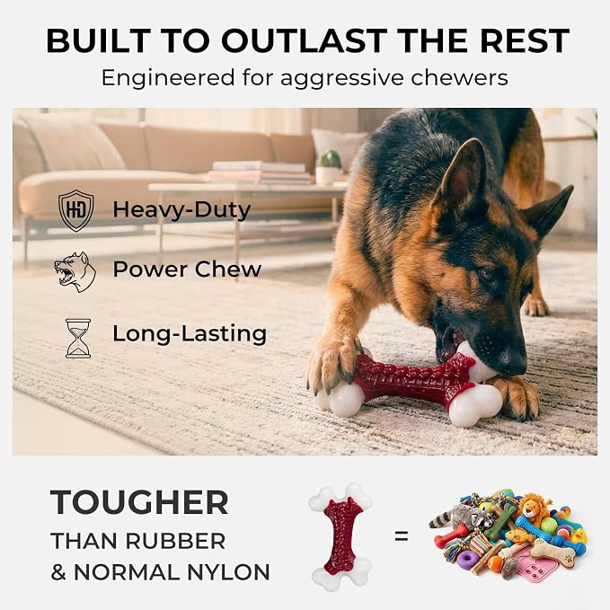 Kseroo 2-Pack Dog Toys for Aggressive Chewers Medium/Large Breed, 8-Inch Solid Nylon Dog Chew Bones, Beef Flavored Tough Dog Toys for 20-90lb Dogs, Red