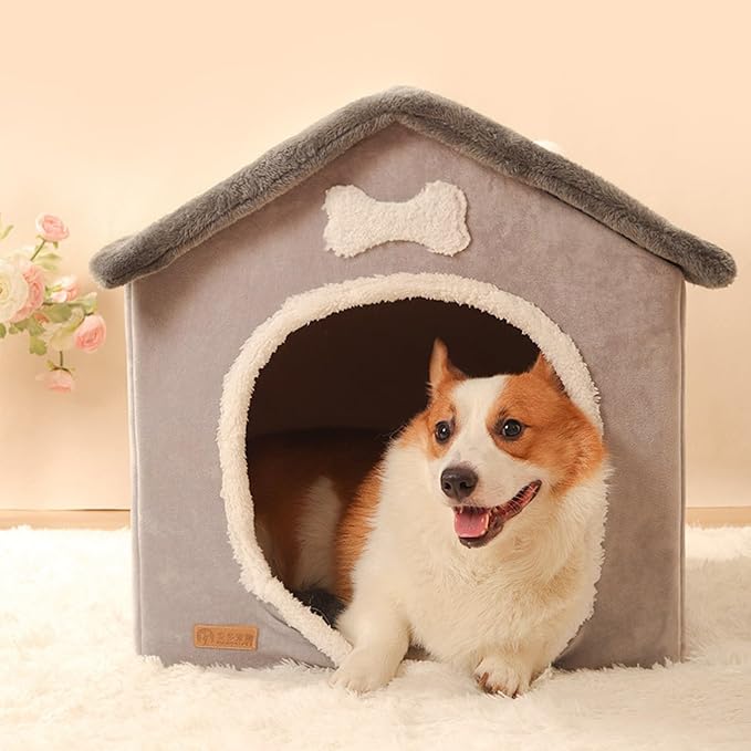 Cozy Plush Cave Bed Safe Haven for Small Pets - Foldable Kennel with Removable Washable Cover, Portable Indoor House with Sherpa Lining for Dogs Cats (Large)