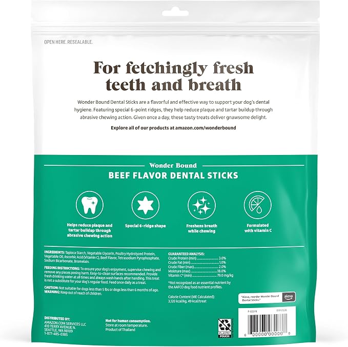 Wonder Bound Beef Flavor Dental Sticks for Small/Medium Dogs (15-40 lbs), 6-Ridge Shape for Plaque & Tartar Control, Freshens Breath, Formulated with Vitamin C, 45 Count