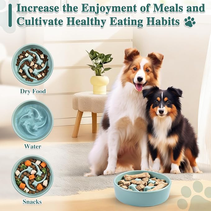 Ceramic Slow Feeder Dog Bowls, 0.6 Cups Dog Food Dish for Small and Medium Breed, Puzzle Dog Food Bowl for Fast Eater, 15OZ, 6.3 inch(Light Green)