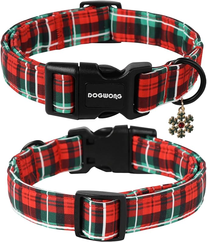 DOGWONG Christmas Plaid Dog Collar- Cute Red Christmas Checked Dog Collars Adjustable Grid Dog Collar for Small Medium Large Dogs M