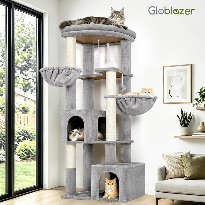 Globlazer 64in Corner Cat Tree for Large Indoor Cats, Space Saving Multi-Level Cat Tower with 2 Condos, 2 Hammocks, 4 Sisal Scratching Posts, C64, Light Grey