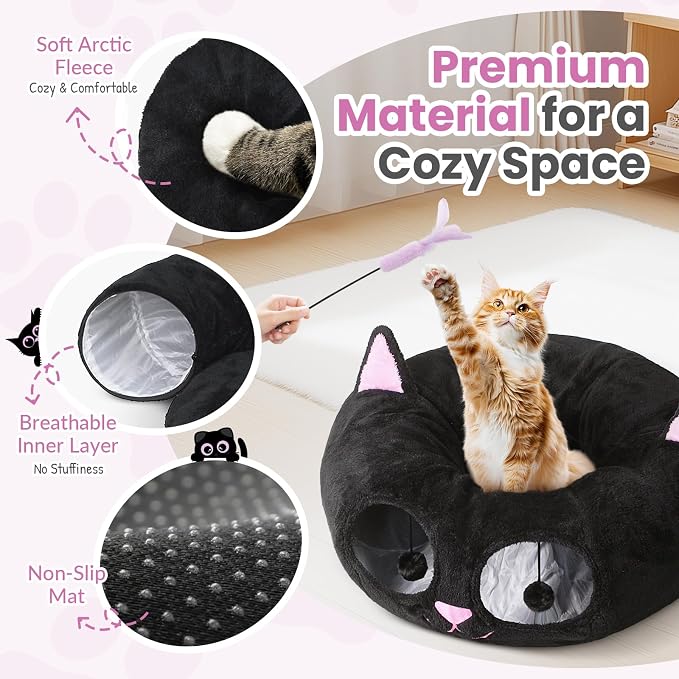 Cat Tunnel Bed for Indoor Cats, Peekaboo Cat Cave with Washable Soft Play Mat, Furry Cat Tube, for Kitten/Puppy/Rabbit, Kitten Series Black Pink