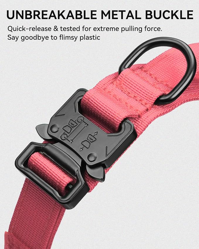 Joytale Tactical Dog Collar with Handle and Metal Buckle, Heavy Duty Padded Military Collar with 2 Patches for Training, Adjustable for Large Dogs, Hotpink, L