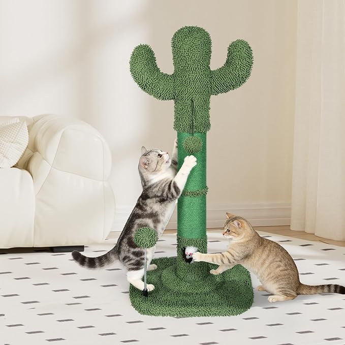 Tall Cat Scratching Post for Indoor Cats Adults, Cat Scratch Post with Sisal Rope Claw Scratcher, Solid Wood Cat Tower with Scratching Post and Cat Toys Mouse Hole,Cactus Small Cat Tree(Green Cactus)