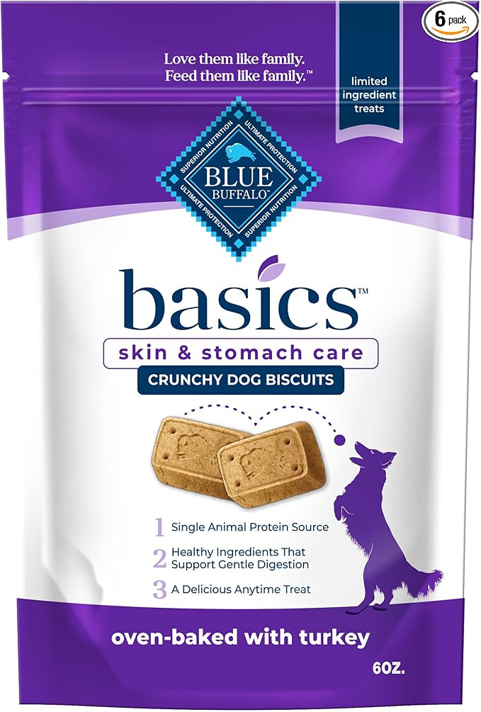 Blue Buffalo Basics Dog Biscuits, Skin & Stomach Care Crunchy Dog Treats, Turkey Recipe, 6-oz Bag (Pack of 6)