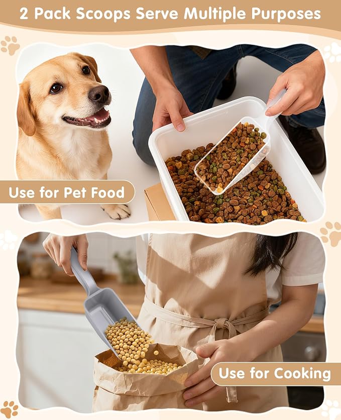 2-Pack Dog Food Scoop 1 Cup, Plastic Pet Food Measuring Scoop With Measuring Lines (1/2 & 1 Cup Markings) for Dogs, Cats, Fish, Bird（Transparent and Grey