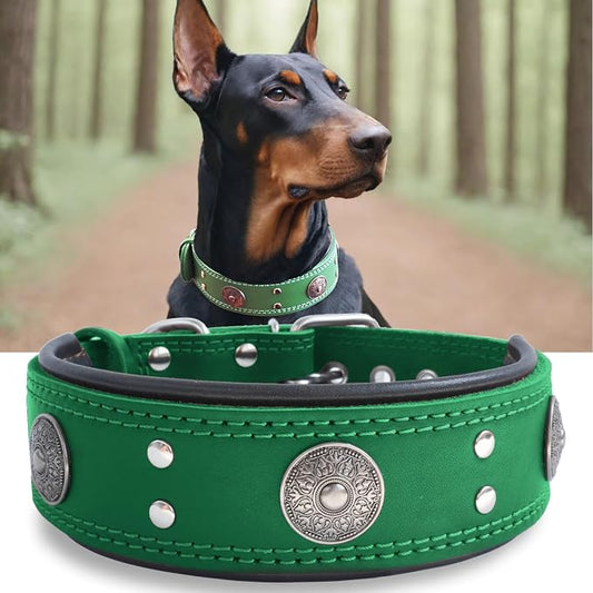Genuine Leather Dog Collar for Large Dogs,2 in Wide Heavy Duty,GN-L | Handmade,Stainless Steel Pin Buckle,Soft Padded,Alloy Studded,Luxury Eye-catching Design,Medium Large Giant Breeds,21-25 in