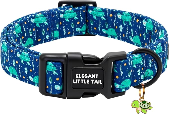 Elegant Little Tail Summer Dog Collar, Blue Turtle Pattern Soft Cotton Pet Collars with Sturdy Quick Release Buckle Male Adjustable Pet Collar for Small Medium Large Dogs