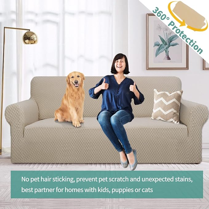 YEMYHOM Couch Cover Latest Jacquard Design High Stretch Sofa Covers for 3 Cushion Couch, Pet Dog Cat Proof Slipcover Non Slip Magic Elastic Furniture Protector (Sofa, Khaki)