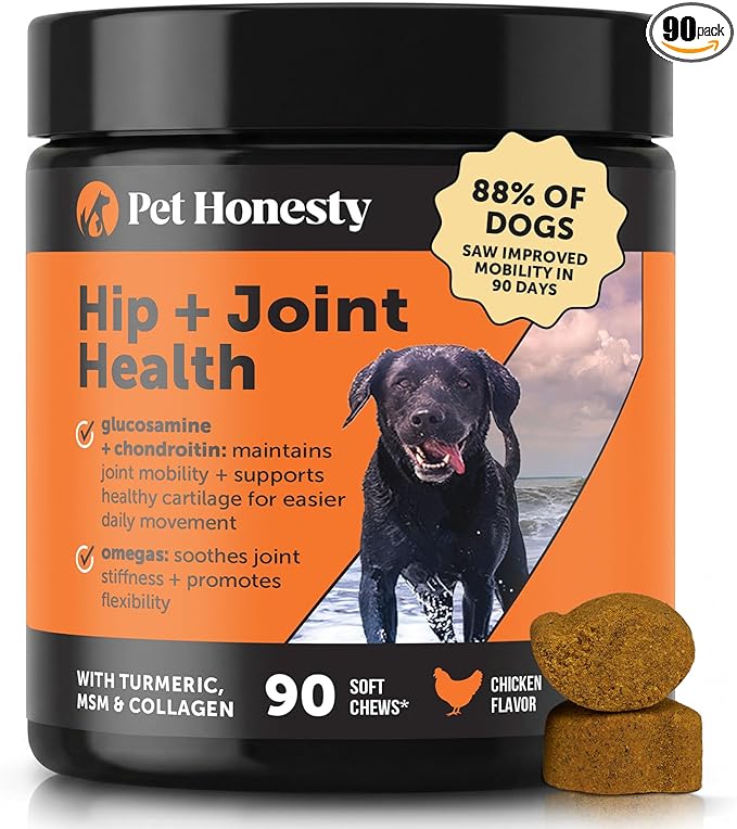Hip + Joint Supplement for Dogs with Glucosamine Chondroitin - MSM, Turmeric & Collagen Soft Chews - Joint Function, Stiffness, and Mobility Support, May Reduce Occasional Discomfort (Chicken, 90 Ct)
