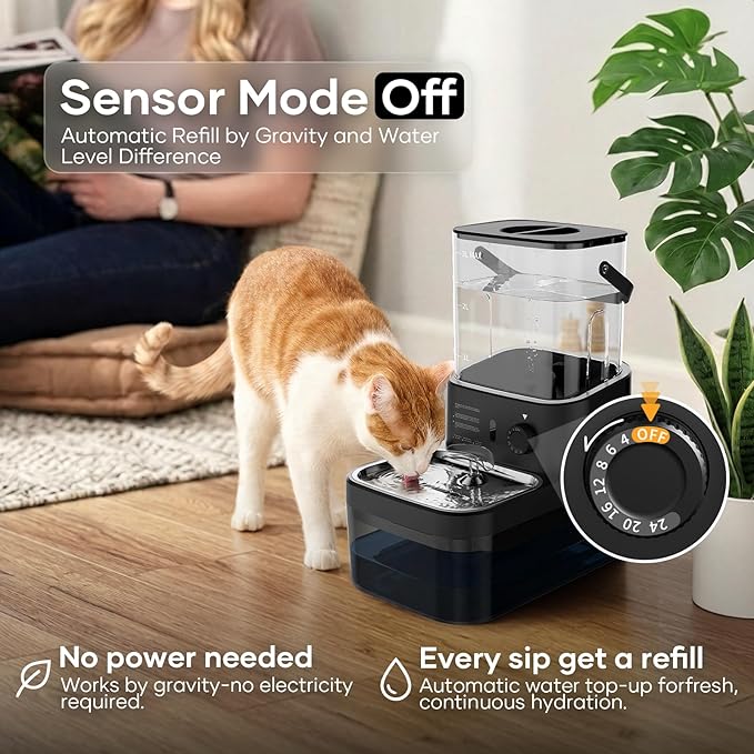3L Filterless Cat Water Fountain, Wireless Motion Sensor Fountain with 4000mAh Battery, Stainless Steel Cat Bowls, Separate Water Tanks, Quiet – Black
