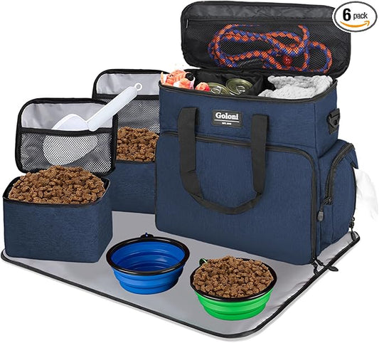 Dog Travel Bag Airline Approved–Pet Travel Tote with Collapsible Bowls,Food Containers & Feeding Mat–Multi-Pocket Organizer for Dogs & Cats, Durable & Water-Resistant for Hiking,Trips,Outdoors