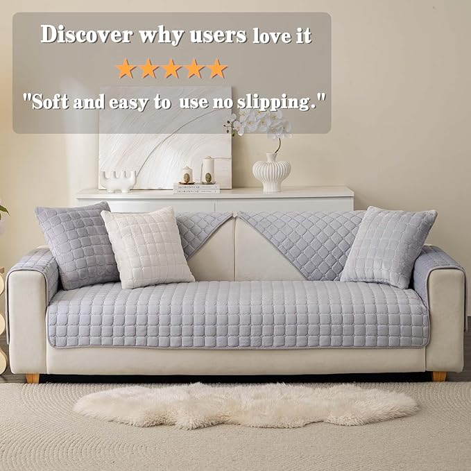 Velvet Washable Couch Cover for Pets Dogs, Non Slip Sectional Sofa Covers for 3 Cushion Couch Sofa L Sharped Sofa Slipcovers, Furniture Protector (1 PCS 36"x82", Light Grey)