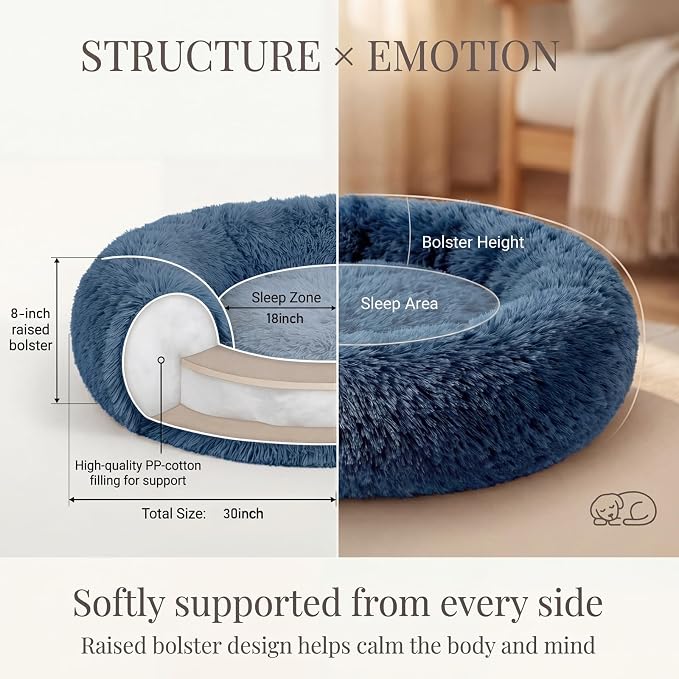 Calming Dog Bed for Medium Dogs Washable Donut 30 inches Anti-Slip Pet Bed,Round Fluffy Plush Faux Fur Cat Bed,Fits up to 45 lbs Pets,Navy Blue