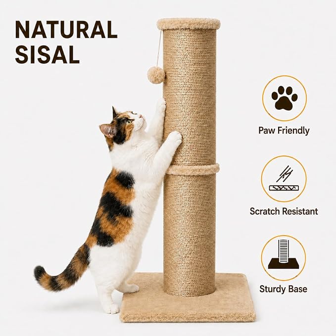 PAWSCRAT Cat Scratching Post 32 Inch High, 5.5 Inch Large Diameter Natural Sisal Cat Scratch Post, Scratch-Resistant and Durable Tall Cat Scratcher for Indoor Cats, Protect Your Furniture, Yellow