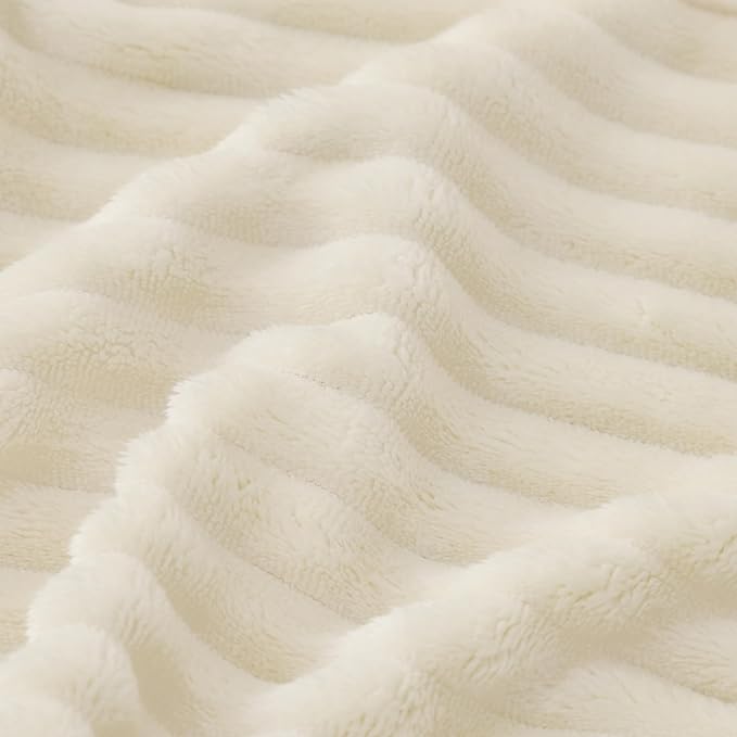 Bnuitland Fleece Throw Blanket for Couch, 300GSM Soft Warm Cozy Fluffy Ivory Throw for Adults & Kids, Stripe Pattern 50"x60", All Season Sofa Bed Blanket for Home Decor