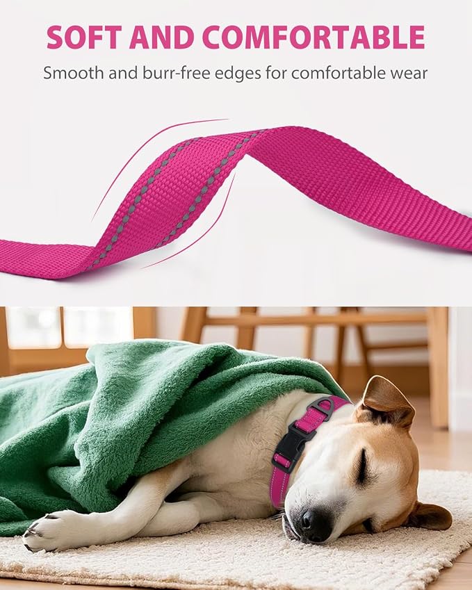 Joytale Dog Collars for Medium Dogs, Comfortable Double-Sided Reflective Nylon Collar for Night Safety, Adjustable Quick-Release for Active Pets, Hotpink, M (1" Width)