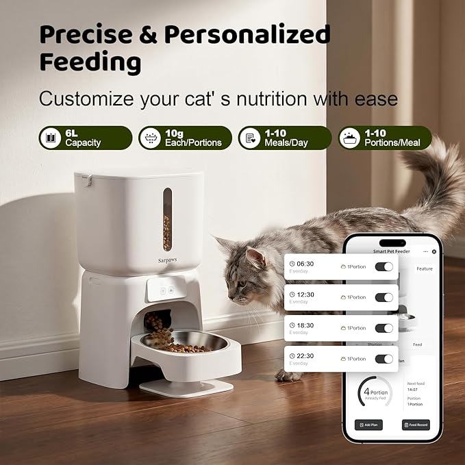 SARPAWS Automatic Cat Feeder, 6L WiFi Smart Pet Food Dispenser with App Control, Elevated 5° Slanted Stainless Steel Bowl, Timed Feeding for Cats and Dogs, Voice Recorder, Dual Power Supply