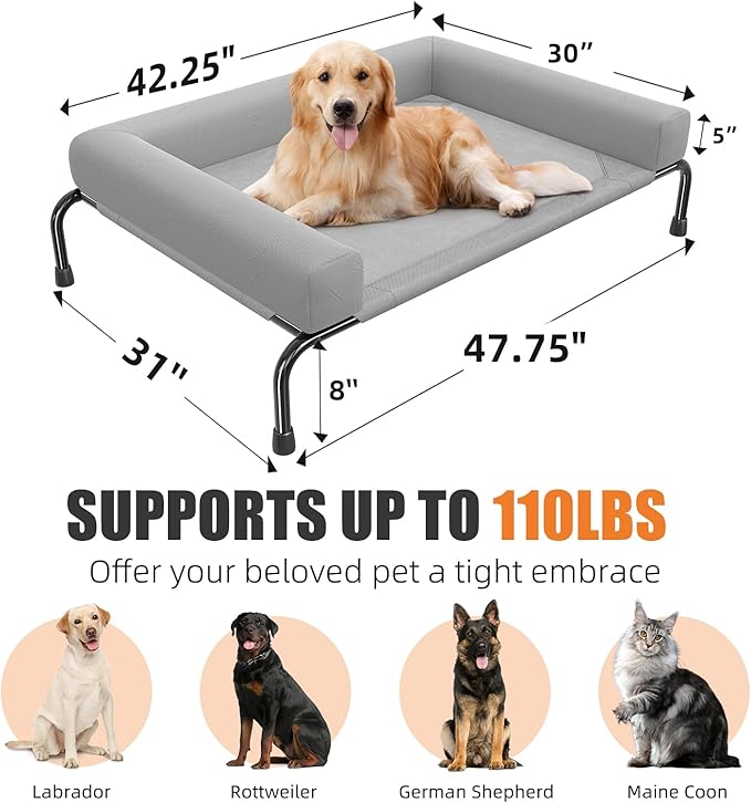 Simple Trending Elevated Dog Bed for Large Dogs, Cooling Raised Dog Cot with Bolsters, Breathable Pet Bed for Outdoor, 47.75" x 31", Grey