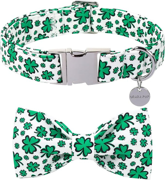 St. Patrick's Day Dog Collar with Bow Tie, Spring Shamrock Bowtie Collar for Girl Boy Dog, Lucky Clover Dog Collar with Metal Buckle, Green Collar for Dogs, XL